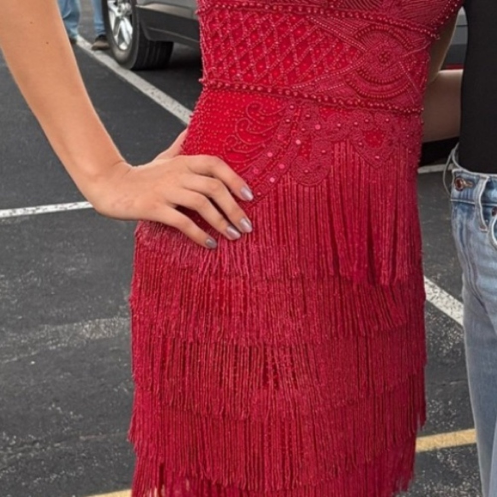 Sherri Hill 52938 Elegant Red Beaded Dress - Picture 4 of 4